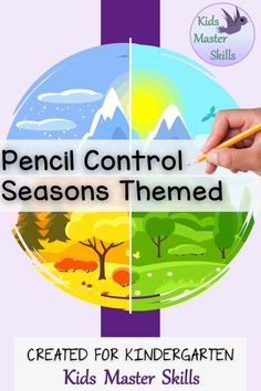 pencil control seasons themed poster for kids's master skills, with two hands drawing on the