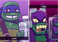 teenage mutant ninja turtles in cartoon form with text reading kill live and don't drink