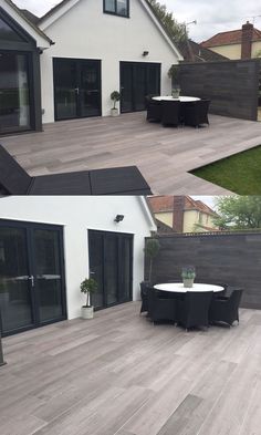 an outdoor patio with tables and chairs next to a house that has sliding glass doors