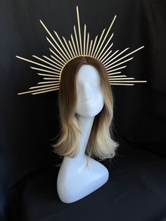 "Our crowns are handmade using quality and variety materials: -headband - zip ties - glass beads - glass rhinestones - artificial flowers - metal filigree The crown or halo crown is light and comfortable to wear. Maximum height spikes 1.5\" or 2.5\" or 4\" or 5.5\". The size of the halo crown is universal for an adult. When ordering, you can choose the color of the crown (gold, silver, black, rose gold) and a large selection colors of glass rhinestones. Our products are perfect for wedding, festival, party, photo shoot or Halloween. The crown (halo crown) will be a great addition to fine photography, will make your look luxurious and unforgettable. ** Processing time and delivery time: Order proccesing time is 1-6 days. If you need an order urgently, please let us know before purchasing an Zip Tye Crown, Sun Tiara Crowns, Luxury Crown For Party, Sun Crystal Crown, Luxury Handmade Gold Headpieces, Halo Couture Display, Gold Spike Crown, Luxury Gold Headpiece For Festivals, Luxury Gold Headpieces For Party