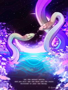 an image of a snake in the sky with water and flowers on it's sides