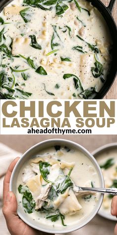 chicken lasagna soup with spinach and cheese in a skillet on the side