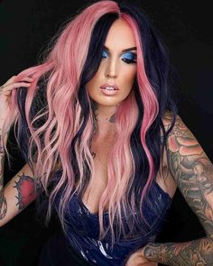 Long Dark Hair With Peekaboo Highlights, Cute Summer Hair Colors For Brunettes, Vivid Hair Color Placement, Two Color Hair Dye Ideas, Color Block Hair Ideas, Two Tone Red Hair, Split Hair Color Ideas, Unique Hair Dye Ideas, Bold Hair Color Ideas