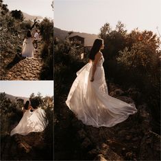 a woman in a white dress walking up a hill