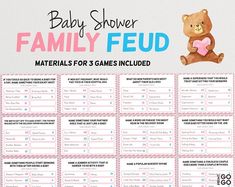 a baby shower game with teddy bear and hearts on the front, in pink and blue