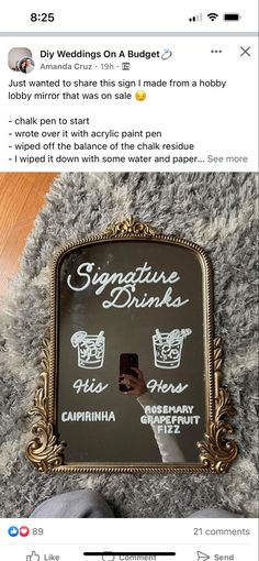 a sign that says signature drinks on the front and back of it, with an image of