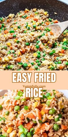 rice and vegetables are being cooked in a skillet with the words easy fried rice