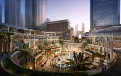 an artist's rendering of the inside of a shopping mall with palm trees and buildings in the background