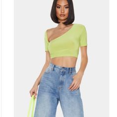 Cute Y2k Vibes Trendy Green Crop Top For Spring, Chic Green Short Sleeve Crop Top, Casual Green Crop Top For Spring, Green Crop Top For Spring, Trendy Green Crop Top For Night Out, Trendy Solid Color Crop Top For Day Out, Trendy Yellow Crop Top, Green Casual Crop Top For Night Out, Chic Green Spring Crop Top