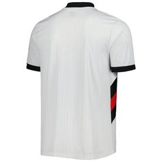 a white shirt with black and red stripes