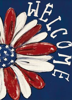 a red, white and blue flower with words on it