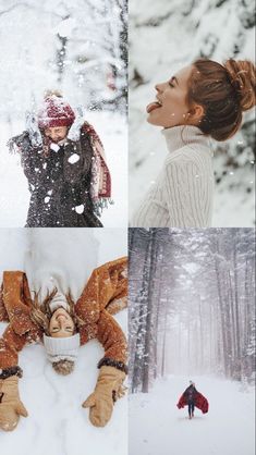 four different pictures of people in the snow, one woman laying on her back and one man standing with his head down