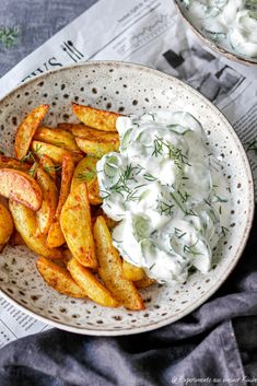 a bowl filled with fries covered in sour cream and dill tzatzts