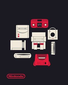 the nintendo logo is surrounded by various electronics