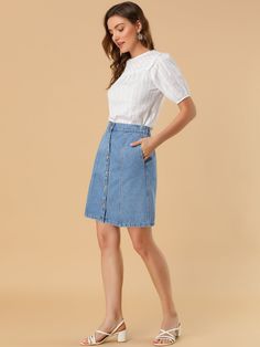 Shop Allegra K for casual short button down jeans skirt you are looking for, get more women's skirts for yourelf. Order now! Free Returns! Knee-length Denim Skirt With Pockets, Spring Denim Skirt With Button Closure, Summer Mini Denim Skirt With Button Closure, Cotton Mini Denim Skirt With Button Closure, Cotton Denim Mini Skirt With Button Closure, Mini Cotton Denim Skirt With Button Closure, High Rise Denim Skirt With Buttons, Button-up Denim Blue Skirt, Casual Denim Blue Skirt With Button Zip Fly