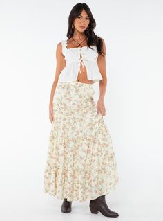 Floral maxi skirt  Tiered design, frill detailing throughout, wide elasticated waist band   Non-stretch material, fully lined  Cold machine wash   Main: 100% rayon, lining: 100% cotton Long Skirt Pleated, Flowy Long Skirt, Streetwear Skirt, Y2k Skirts, Long Flowy Skirt, White Long Skirt, Skirt Y2k, Tiered Maxi Skirt, Skirt Pleated