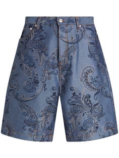 blue patterned paisley jacquard logo patch to the rear belt loops concealed fly and button fastening classic five pockets wide leg knee-length Blondie Lockes, Cloth Collection, Dream Wishlist, Etro Paisley, Fashion Bottoms, Bermuda Jeans, Virtual Fashion, Fashion Sewing, Blue Shorts