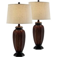 pair of brown ceramic table lamps with beige linen shades