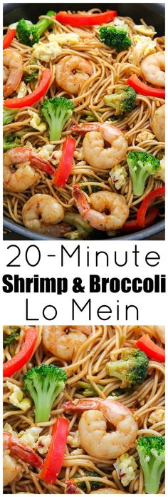 shrimp lo mein with broccoli and peppers in a skillet