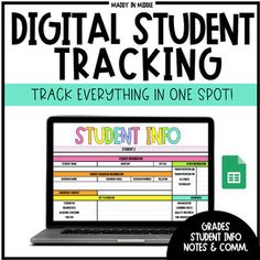 a laptop computer sitting on top of a desk with the words digital student tracking in front of it