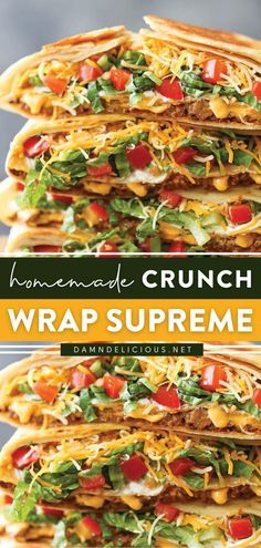 the homemade crunch wrap supreme is stacked on top of each other