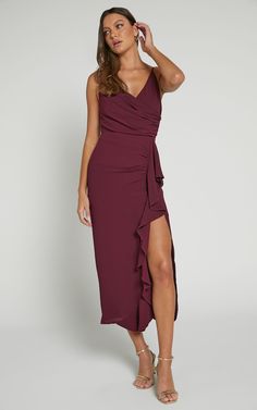 Aylene Midi Dress - Draped Ruffle Split Dress in Merlot | Showpo USA Party V-neck Maxi Dress With Ruffled Skirt, Sleeveless Ruched Dress For Wedding Guest, Chic Draped Midi Dress For Wedding Guest, Pre-draped Ruched Dresses For Date Night, Fitted Ruffle Dress With Ruffle Hem For Bridesmaids, Evening Sleeveless Ruched Ruffle Dress, Sleeveless Midi Bridesmaid Dress With Ruffle Hem, Evening Ruched Sleeveless Ruffle Dress, Sleeveless Ruched Ruffle Evening Dress