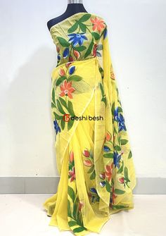 Boutique Designer Hand Painted Mixed Cotton Saree - db17842 Semi-stitched Art Silk Saree With Floral Print, Semi-stitched Saree With Floral Print, Hand Painted Sarees Boutiques, Festivals Floral Print Semi-stitched Saree, Unstitched Printed Motifs Saree, Hand Painted Flowers, Boutique Design, Blouse Piece, Cotton Saree