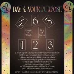 a poster with numbers and symbols in the center, on a black background that says day 4 your purpose