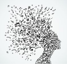 a person's head with musical notes coming out of it