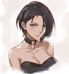 a drawing of a woman with black hair and piercings on her chest, looking at the camera