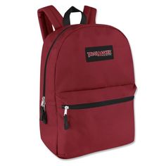 a red backpack with black straps and the words thrash on it's front pocket