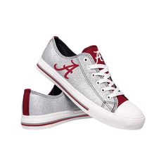 PRICES MAY VARY. Officially Licensed Team logo displayed on both sides Material Upper - Textile / Sole - Rubber Silver glitter canvas Converse Glitter, Low Top Converse, Glitter Canvas, Fan Fashion, Shoe Shine, Glitter Sneakers, College Team, Alabama Crimson, Alabama Crimson Tide