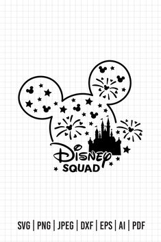 the disney mouse ears with fireworks and stars on it's head is outlined in black ink