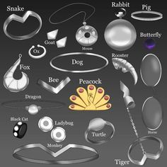 an assortment of different types of jewelry on a black background with the names of each item