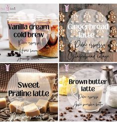 there are four different types of ice creams in the pictures, one is brown butter and one is vanilla