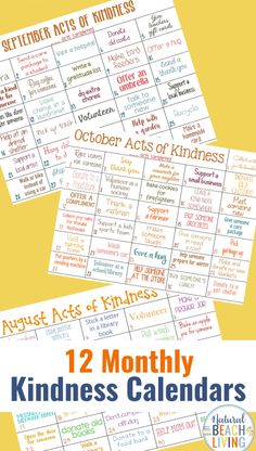 two month calendars with the text, 12 months of kindness on them and an image of