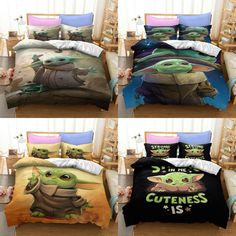 four pictures of the same bedding set with baby yoda and other items on it