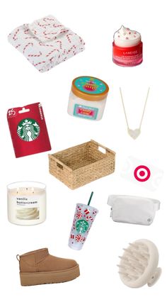 the contents of a starbucks coffee cup and other items are arranged on a white background