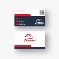 a business card with a house logo on the front and back, both in red and blue