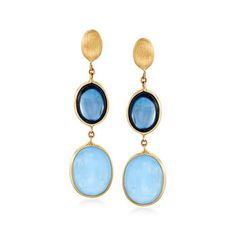 Ross-Simons - Italian 5.00ct t. w. Aquamarine, 3.00ct t. w. London Blue Topaz Drop Earrings. Showing off soothing shades of blue, these Italian-made drop earrings bring lovely color to your wardrobe. Here, 3.00 ct. t. w. oval cabochons of London blue topaz dangle 5.00 ct. t. w. oval cabochons of aquamarine from satin and polished 14kt yellow gold tops. Hanging length is 1 7/8". Post/clutch, London blue topaz and aquamarine drop earrings. Aquamarine birthstones are the perfect gift for March birt Gold Tops, Aquamarine Birthstone, Blue Topaz Earrings, Gold Top, Topaz Earrings, London Blue Topaz, London Blue, Oval Cabochon, Lovely Colors