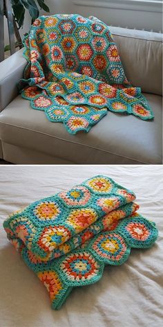 two pictures show the same crocheted blanket on a couch