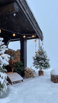 the porch is covered in snow and lit by lights hanging from the roof, surrounded by evergreens