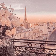 the eiffel tower in paris is seen from an apartment balcony with pink flowers