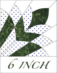 the 6 inch quilt block has blue dots and green leaves on it