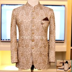 Golden embriodered fabric prince coat | Indowestern style prince coat Indian Wedding Suits Men, Prince Suit, Formal Attire For Men, Suit Indian, Prince Coat, Wedding Dresses Men Indian, Blazer Outfits Men, Gents Kurta, African Wear Styles For Men