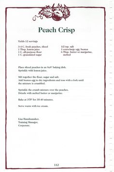 a menu with the words peach crisp written in red and green ink on white paper