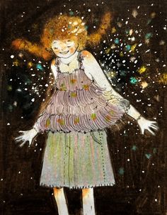 a drawing of a girl in a dress with her arms out and snow falling all around