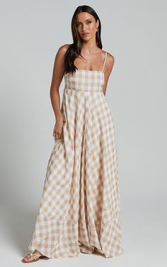 Katrien Maxi Dress - Strappy Empire Waist Flare Dress in Beige and White Check Maxi Sundresses, Autumn Sewing, Ranch Girl, Straight Cut Dress, Cotton Sundress, Cut Dress, Feeling Confident, Empire Waist Dress, Straight Neckline