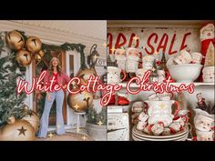 a collage of photos with christmas decorations and items in front of the store window