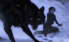 a woman sitting on the ground next to a wolf